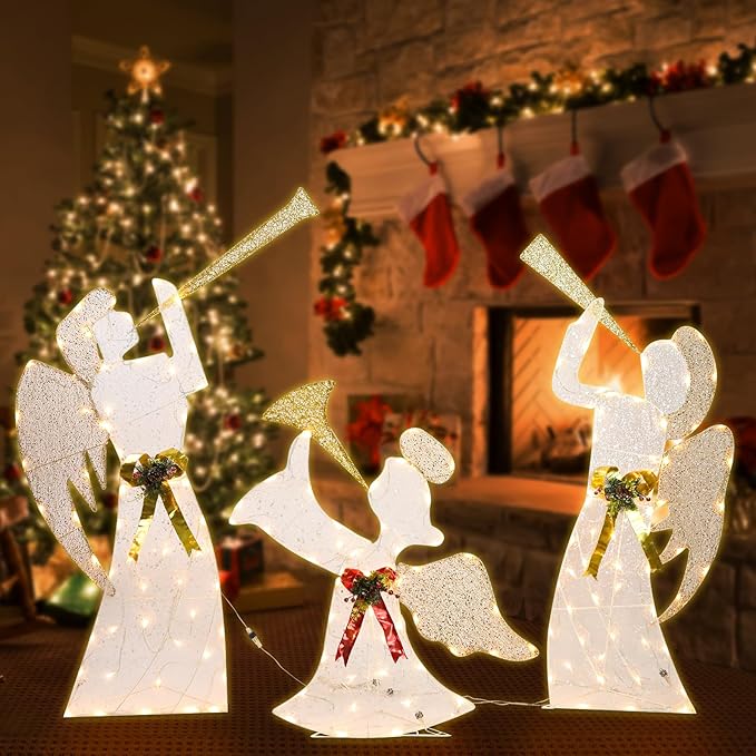 Christmas Outdoor Decorations Lighted Angel Family Set of 3 Christmas Warm Lights Outside Decor 5FT Angel with Trumpet, Outdoor Holiday Decorations for Home, Yard, Garden, Party
