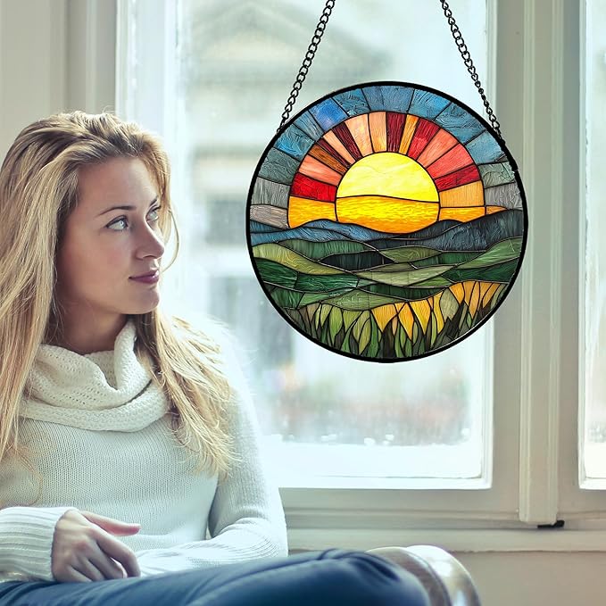 Stained Glass Window Hanging, Golden Red Sun Green Mountain Suncatcher for Window Home Decor Nature Landscape Sun Catcher Mother's Day Birthday Gifts for Women Men Mom Nana 15 in