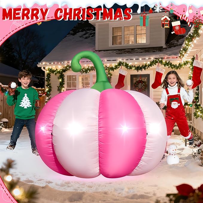 4.6FT Christmas Inflatable Pumpkin Blow-up Pink Pumpkin Build-in 4 LED Lights for Pink Christmas Outdoor Decorations Giant Inflatable Fake Pumpkins for Winter Xmas Party Decor Yard Garden Lawn
