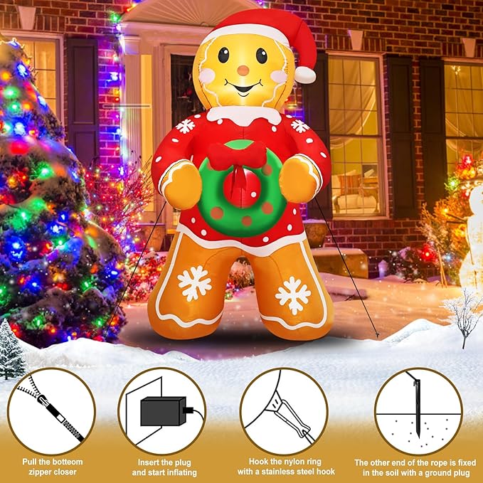 Christmas Gingerbread Man Inflatable Decoration 5.6 FT Outdoor Holiday Yard Decor with Santa Hat and Wreath, Perfect for Lawn, Garden, Party or Indoor Holiday Display
