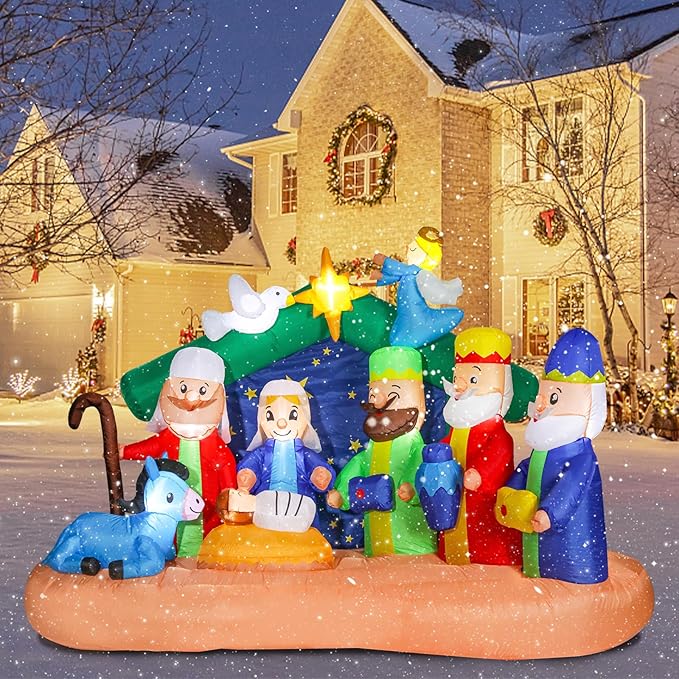 8 FT Christmas Inflatables Nativity Scene, Blow Up Christmas Nativity Scene, LED Lighted The Birth of Jesus Scene Inflatables Decor, Christmas Outdoor Inflatable Decorations for Xmas Yard Garden Décor