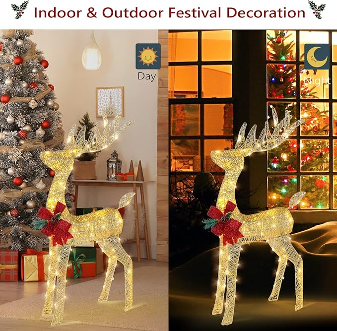 VINGLI Lighted Christmas Reindeer Outdoor Decorations, 4 FT Gold Reindeer with Santa’s Sleigh, Pre-lit 90 LED Lights, Weatherproof Christmas Yard Lawn Porch Decor with Stakes & Zip Ties