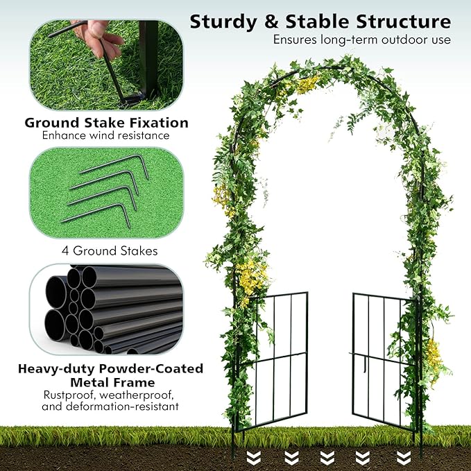 Giantex Garden Arbor with Gate, 90.5" H x 43.5" W Metal Arch Trellis for Climbing Plants, Outdoor Wedding Archway with Latch Door, Rust-Resistant Decorative Arch for Yard, Lawn, Garden Entrance