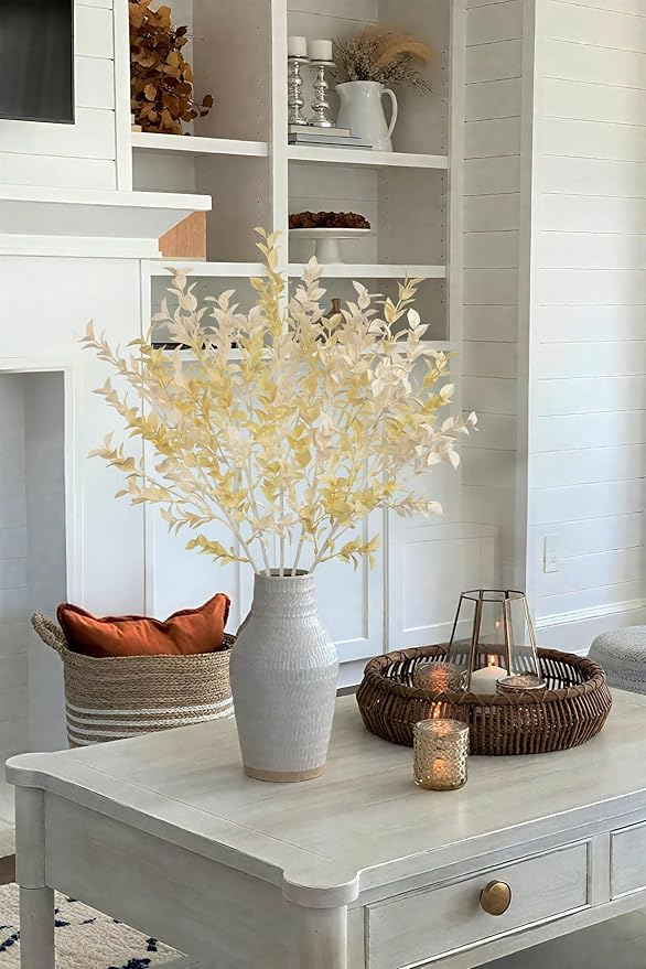 Artificial White Eucalyptus Stems 26.7" Fall Fake Leaf Branches for Floral Arrangements, Faux Autumn Plant Farmhouse Decor, Home Wedding Decorations