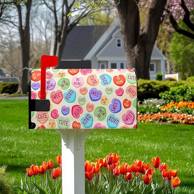 Happy Valentines Day Mailbox Covers Magnetic Standard Size 18X21 Inch Love Heart Candy Mailbox Wraps Cover Decoration Outdoor Garden Home Yard Outside
