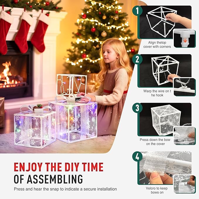 Set of 3 Christmas Lighted Gift Boxes,Outdoor Christmas Decorations,Featuring Snowflake Decorations,Battery Operated Light Up Present Boxes for Christmas Trees Indoor Outdoor Home Yard Lawn Decor