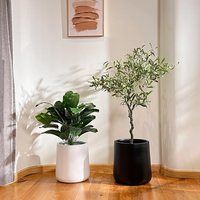 13" H x 12.6" D Conico Fiberstone Round Planter - Christmas Tree Planter, Smooth Finishes, Weather Resistant for Indoor and Outdoor Use, Included 2 Extra Coco Mats (Black, 10" Pot Opening)