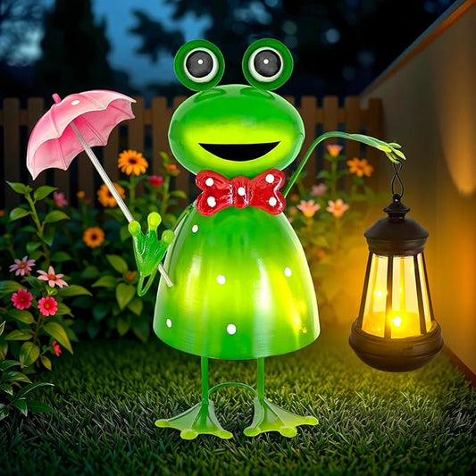 Solar Garden Lights Frog Statue with Solar Lantern Lights,15.62 in Tall Frog Garden Decor,Outdoor Forg Figurines Decorations for Patio Yard Lawn Ornaments Gifts for Birthday Housewarming Mother's Day