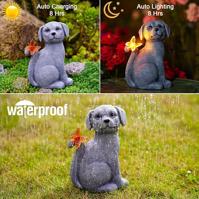 Nacome Solar Dog Outdoor Statues for Garden: Outside Decor with Butterfly Clearance for Yard Art Lawn Ornaments Patio Balcony Home House for Grandma Mom Women