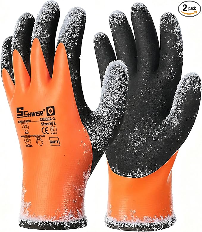 Schwer 2 Pairs 100% Waterproof Winter Work Gloves, ANSI A2 Cut Resistant Freezer Gloves for Outdoor Cold Weather Keep Hands Warm, Thermal Insulated Gloves for Shoveling Snow, Ice Fishing, XL