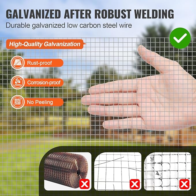 VEVOR Hardware Cloth, 1/4 inch 36in x 50 ft 23 Gauge, Hot Dipped Galvanized Wire Mesh Roll, Chicken Wire Fencing, Wire Mesh for Rabbit Cages, Garden, Small Rodents