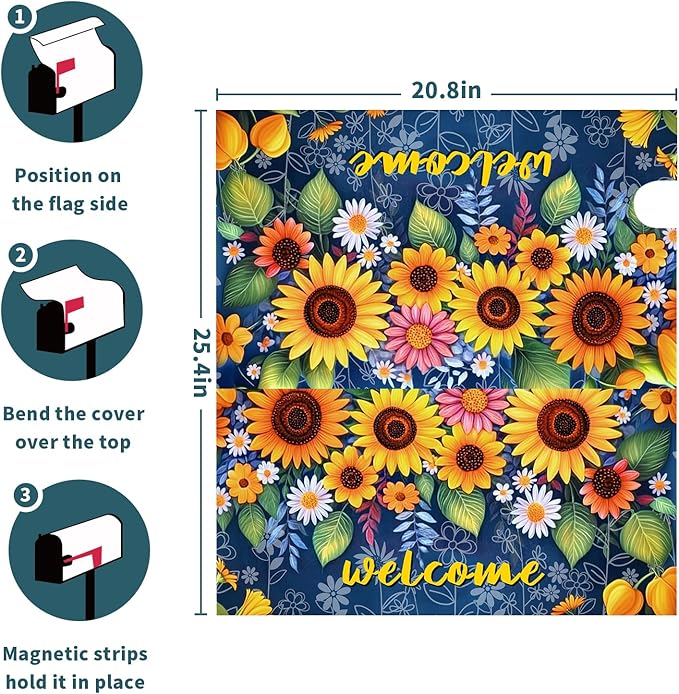 Welcome Flower Magnetic Mailbox Cover Spring Floral Mailbox Cover Magnetic Standard Size 21 X 25.5 Inch Sunflower Mailbox Post Cover Mailbox Wraps Mailbox Decor for Home Garden Outdoor Yard