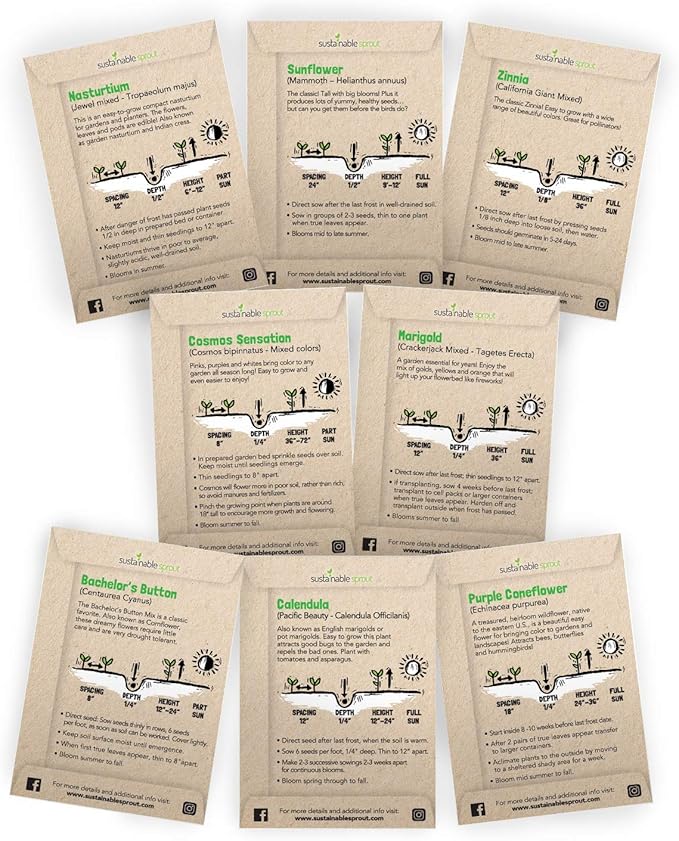 Seeds for Planting Flowers: 8 Bulk Variety Packets Zinnia, Nasturtium, Marigold, Purple Coneflower, Cosmos, Calendula, Bachelor's Button & Sunflower Seeds, Non GMO Flower Seed by Sustainable Sprout
