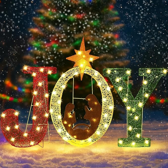 35 Inch Lighted Joy Nativity Christmas Decoration, Outdoor Holiday Scene for Garden, Lawn or Porch Display – Indoor & Outdoor Christmas Décor