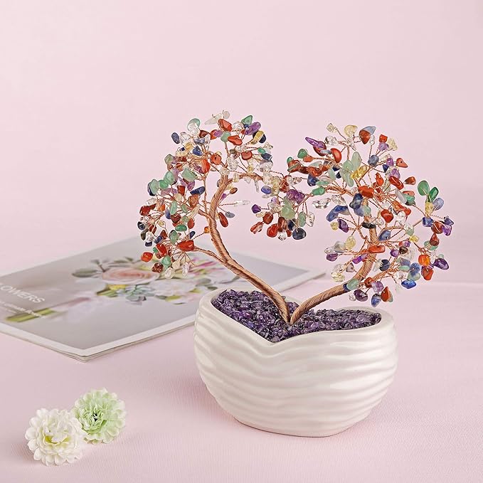 Jovivi 7 Chakra Healing Crystal Heart Money Tree Healing Gemstone Bonsai for Wedding Ceremony Reiki Balancing Energy Meditation Feng Shui Wealth & Good Luck Home Indoor Office Decor 7.87"-8.26"