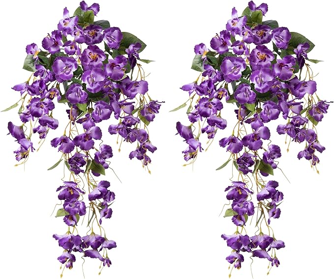 Artificial Hibiscus Fake Hanging Flowers Plants for Outdoors Spring Summer Decor, 2pcs Purple Silk Hibiscus Long Trailing Vines UV Resistant Realistic Faux Flower for Outside Front Door Porch Patio