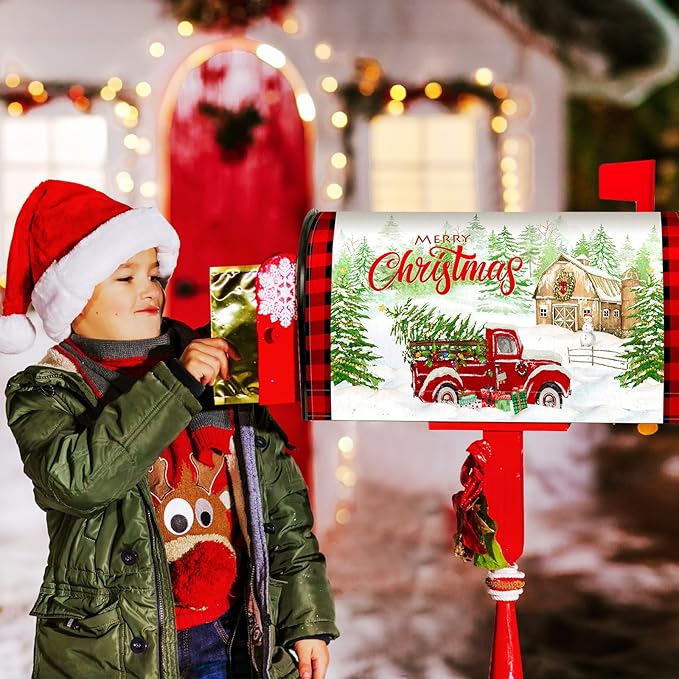 Blosssound Merry Christmas Magnetic Mailbox Cover Xmas Red Truck Mailbox Covers Decor Snowflakes Red Plaid Print Christmas Post Box Standard Size 21 X18 Inch Garden Yard Outdoor Decoration