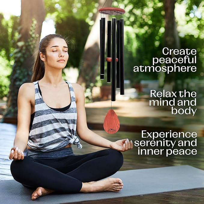 UpBlend XL Wind Chimes for Outside Gift – Deep Tone Wind Chime with Decorative Stone – Porch & Patio Decor, Elegant Outdoor Ornament, Garden Gifts. 38” Black.