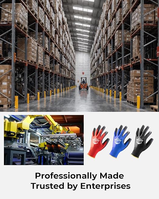 OKIAAS Work Gloves for Men, Ultra Thin and Lightweight with Grip, Bulk Case of 60 Pairs Construction Gloves with Polyurethane Coating, Safety Gloves for Light Duty Work (Black, Small)