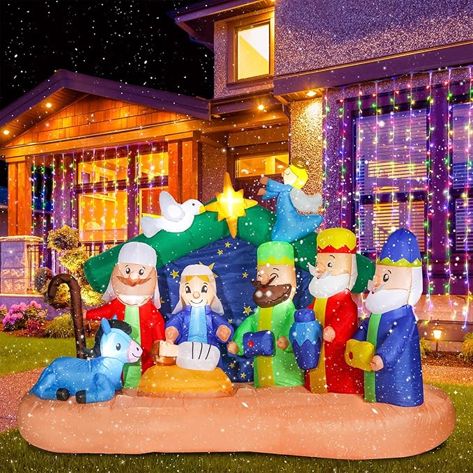 8 FT Christmas Inflatables Nativity Scene, Blow Up Christmas Nativity Scene, LED Lighted The Birth of Jesus Scene Inflatables Decor, Christmas Outdoor Inflatable Decorations for Xmas Yard Garden Décor