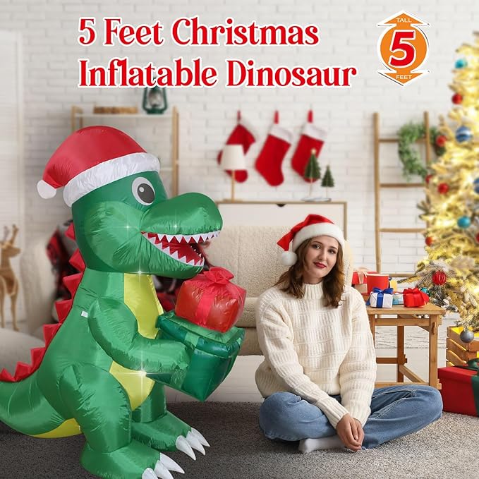 Christmas Inflatables Dinosaur Lighted Yard Lawn Inflatable Decoration with Built-in Fan and Stakes Ropes Holiday Party Decor, Christmas Decor (5FT- Dinosaur Holds Giftbox)