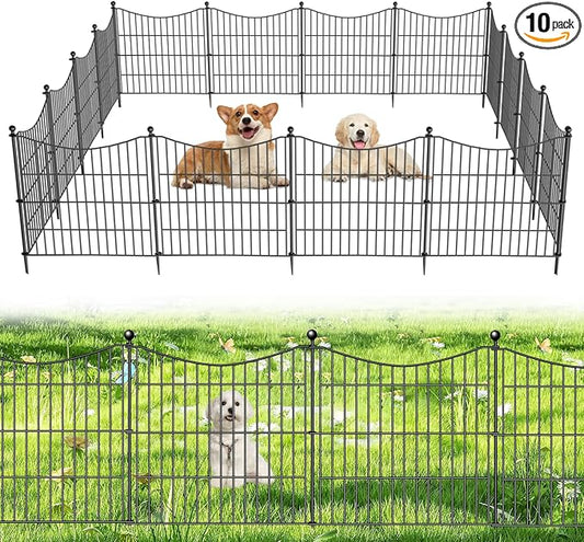 10 Panels No Dig Dog Fence Outdoor for Yard, 24 in(H) X 20 ft(L) Decorative Tall Garden Fence Animal Barrier, Rustproof Metal Wire Garden Edging and Borders, Temporary Fencing Stakes