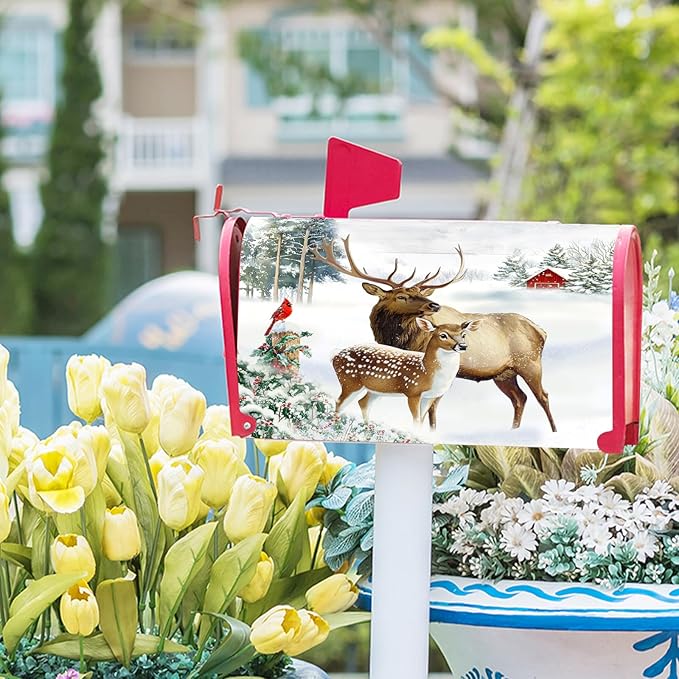 Winter Deer Mailbox Cover Magnetic- Christmas Reindeer Moose Elk Mailbox Wrap- Standard Size 21x18 Inch Waterproof Letter Post Cover for Garden Yard Outdoor Farmhouse Decor