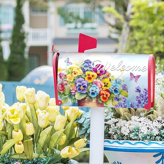 Welcome Spring Summer Magnetic Mailbox Cover - Standard Size 18 X 21 Inch With Flowers and Butterfly - Floral Wraps for Post Letter Box - Outdoor Garden Yard Home Outside Decoration