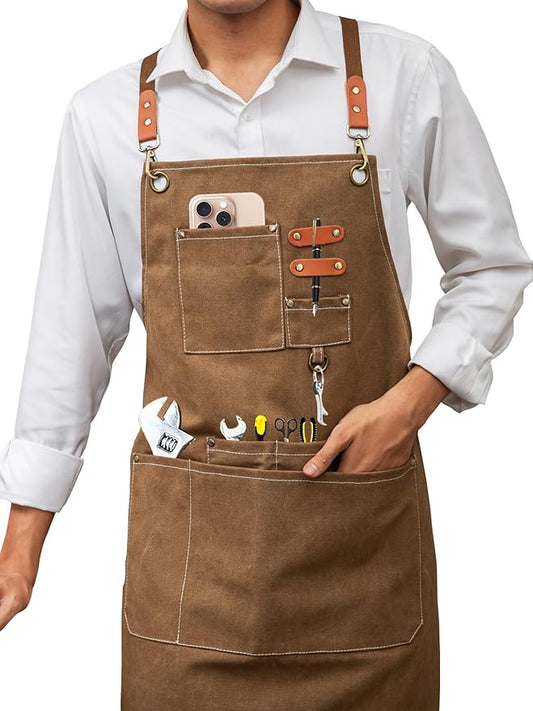 KITCHIEF Woodwork Aprons for Men,Tool Apron with loop and Pockets,Cross Back Heavy Duty Workshop Apron for Carpenter,Garden