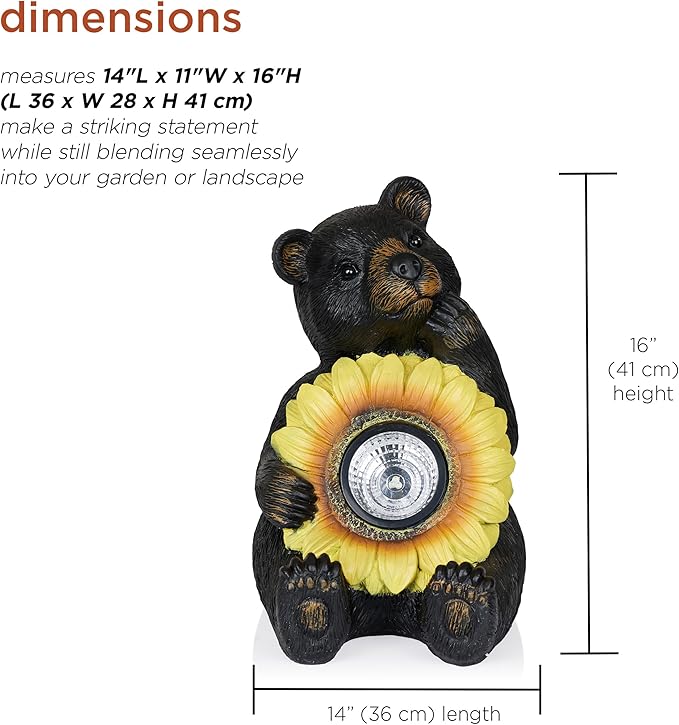 Alpine Corporation 16" H Outdoor Solar Powered Bear Statues with Sunflower LED Light, Brown/Yellow