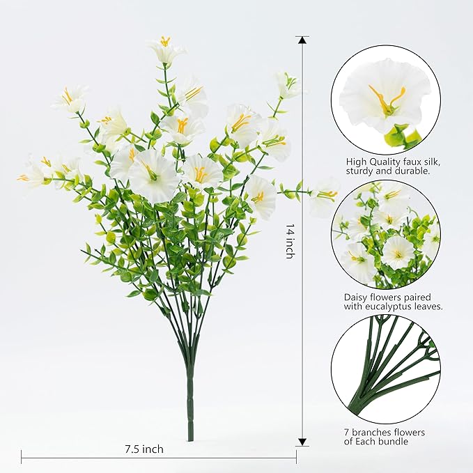Artificial Flowers for Outdoor Indoor Garden Home Decoration, Faux Flower Daisy with Eucalyptus Leaves Fake Plants Greenery Boxwood Porch Patio, 12 Bundles
