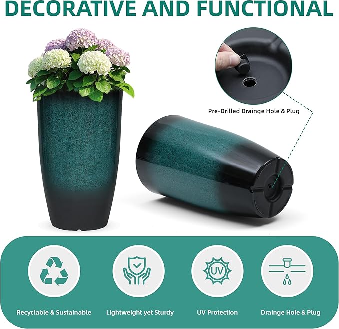23.8" Tall Pots for Plants Ceramic Style Large Plant Pot Outdoor Set of 2 Indoor Flower Pots for Front Porch Decor Durable Plastic Planters for Garden, Patio, Living Room, Turquoise
