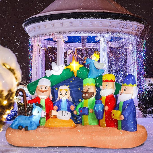 8 FT Christmas Inflatables Nativity Scene, Blow Up Christmas Nativity Scene, LED Lighted The Birth of Jesus Scene Inflatables Decor, Christmas Outdoor Inflatable Decorations for Xmas Yard Garden Décor