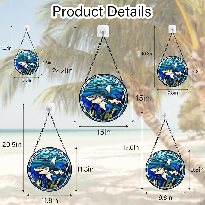 Stained Glass Suncatcher, Blue Ocean Big Shark Sun Catcher Waterweed Stain Glass Window Hanging Decoration Mother's Day Birthday Gifts for Women Men Mom Nana 9.8 in