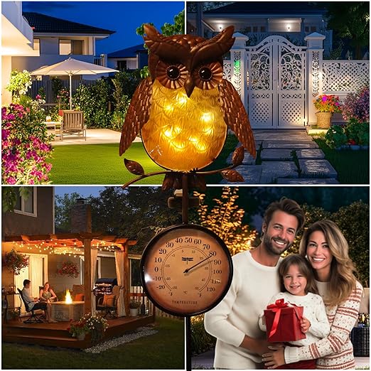 HONGLAND Solar Outdoor Temp Stakes Outdoor Thermometers for Outside Metal Owl Waterproof Patio Lawn Temperature with Solar Warm LED Lights for Yard and Garden, Holiday Gifts for Man Woman