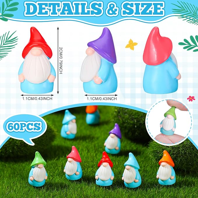 Mini Resin Gnomes Bulk Tiny Fairy Statues Small Gnomes Miniature Figurines for Landscape Outdoor Patio Yard Lawn Indoor Plant Pots Fairy Decor(60 Pcs,Mini Resin Dwarf)