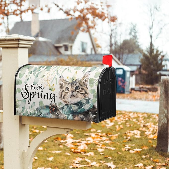 Hello Spring Cat Magnetic Mailbox Cover 21"x18" Watercolor Sage Green Eucalyptus Leaf Kitten Butterfly Mailbox Wrap Post Cover Standard Size for Garden Yard Outdoor Outside Decor