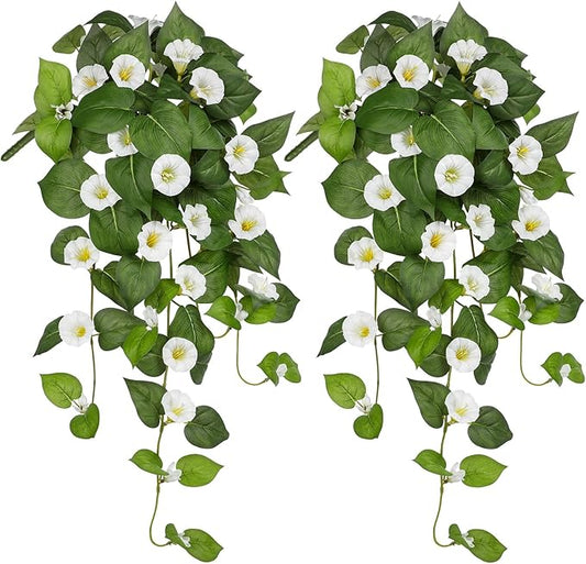 Briful Fake Hanging Flowers 2 Pack 25.6" Artificial Morning Glory Silk Floral Bush Faux Hanging Vine Plants Outdoor Fake Flowers for Home Office Outside Planter Porch Patio Yard Garden Decor(White)