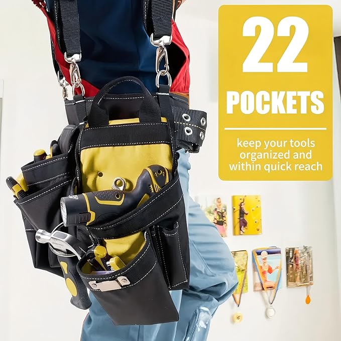 Tool Belt With Suspenders, Tool Belts for Men, 22 Pockets Tool Belt, Heavy Duty Tool Organizer for Framers Carpenter Electrician Construction Woodworker Yellow