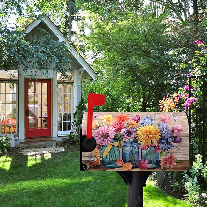 Fall Floral Mailbox Cover Magnetic Oversized Butterfly Daisy Jars Rustic Mailbox Wraps Autumn Colorful Flowers Mail Box Covers Decals Letter Post Box Outdoor Decor Large Size 25.5 X 21 Inch