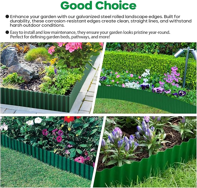 Corrugated Metal Garden Edging, Sturdy Tall Landscape Edging Borders, Perfect DIY for Flower Beds, Lawn and Pathway, Tree Surrounds, Paver Edges (Green, 10"×20FT)