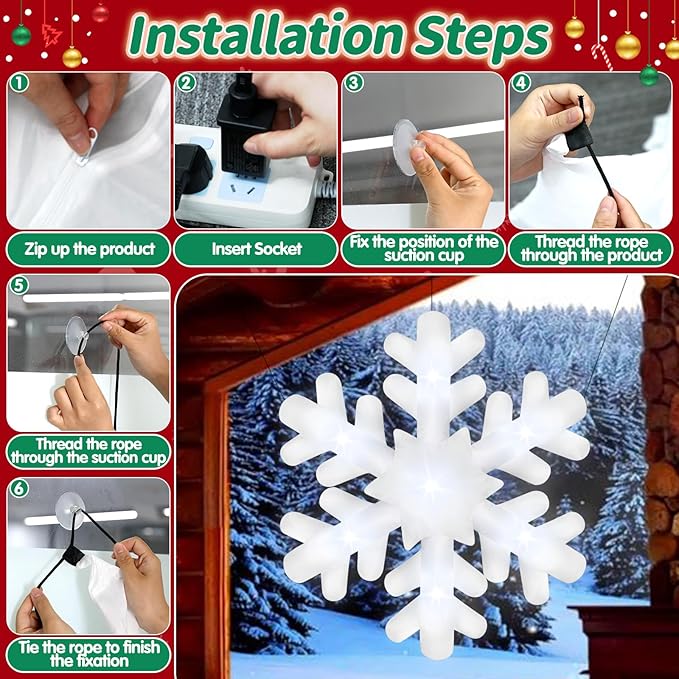 6FT Christmas Hanging Inflatable Snowflake Giant Blow Up Snowflake Ornaments Built-in 7 LED Lights for Christmas Inflatables Outdoor Decorations Winter Xmas Party Supplies Window Roof Wall Yard