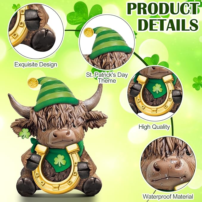 Sosation 4 Pcs Luck Highland Cow Figurines St Patricks Day Highland Cow Gnomes Irish Shamrock Scottish Resin Statue Calf Lovers Gifts for Home Garden Kitchen Office Tiered Tray Table Decor