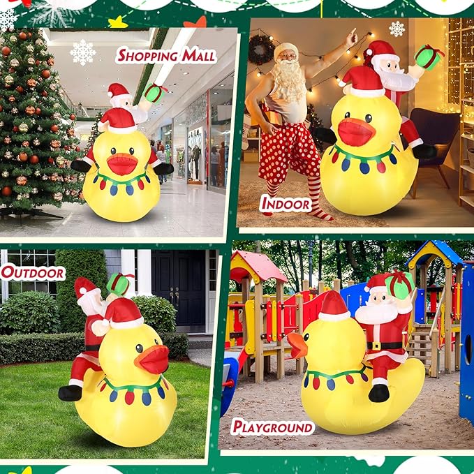 Leyndo 1 Set 5ft Christmas Inflatables Decoration Outdoor Santa Riding Duck Inflatables with Build-in Leds Lights Giant Blow up Duck with Santa Claus for Mall Garden Patio Lawn Indoor Party Xmas Decor