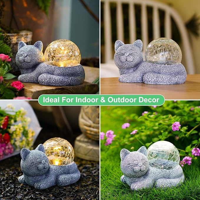 Goodeco Cat Statue with Solar LED Lights - Smile Garden Enthusiasts Outdoor Decor - Ideal Gifts for Mom, Birthdays & Cat Lovers