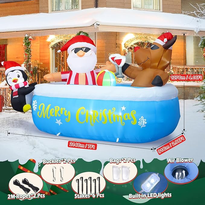 7FT Christmas Inflatable Outdoor Decoration, Christmas Inflatables Santa Claus Cheers Pool Party with Built-in 8 LED Lights & Air Blower for Xmas Blow Up Yard Decorations Outdoor Indoor