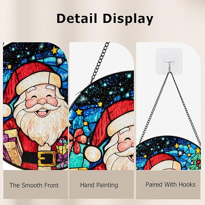Santa Stained Glass Window Hanging, Santa Claus Suncatcher for Doors Home Sun Catchers Decoration and Christmas, Mother's Day Birthday Gifts for Women, Men, and Mom (8 Inch)