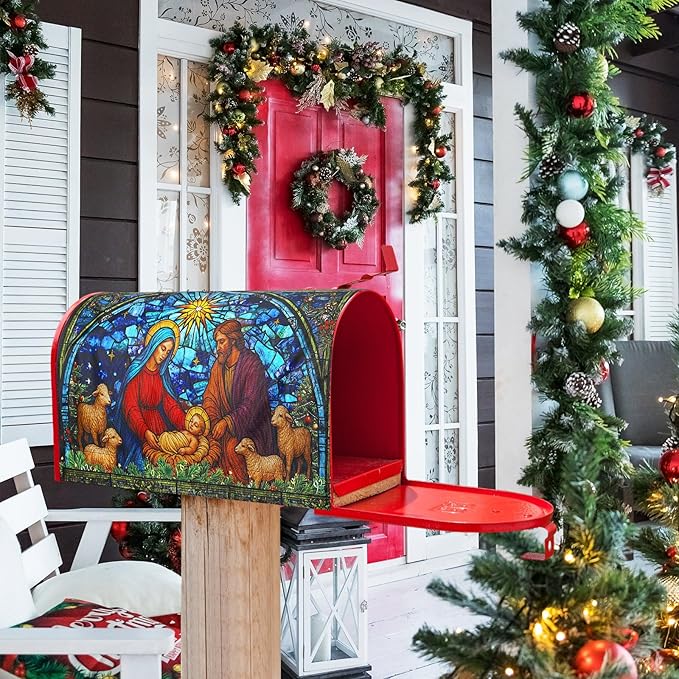 Blosssound Christmas Magnetic Mailbox Cover Standard Size 21 X18 Inch Xmas Windows Nativity Scene Mailbox Covers Decor Retro Religious Christmas Post Box Garden Yard Outdoor Decoration