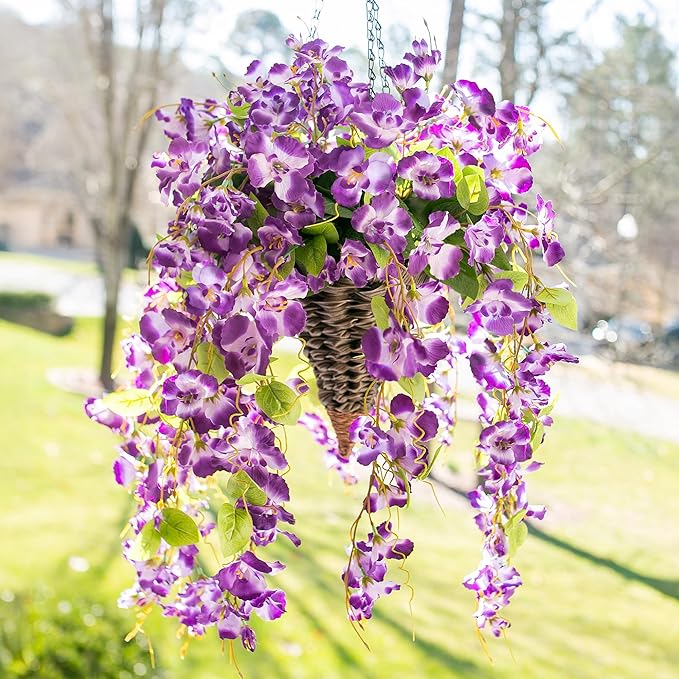 Artificial Hibiscus Fake Hanging Flowers Plants for Outdoors Spring Summer Decor, 2pcs Purple Silk Hibiscus Long Trailing Vines UV Resistant Realistic Faux Flower for Outside Front Door Porch Patio