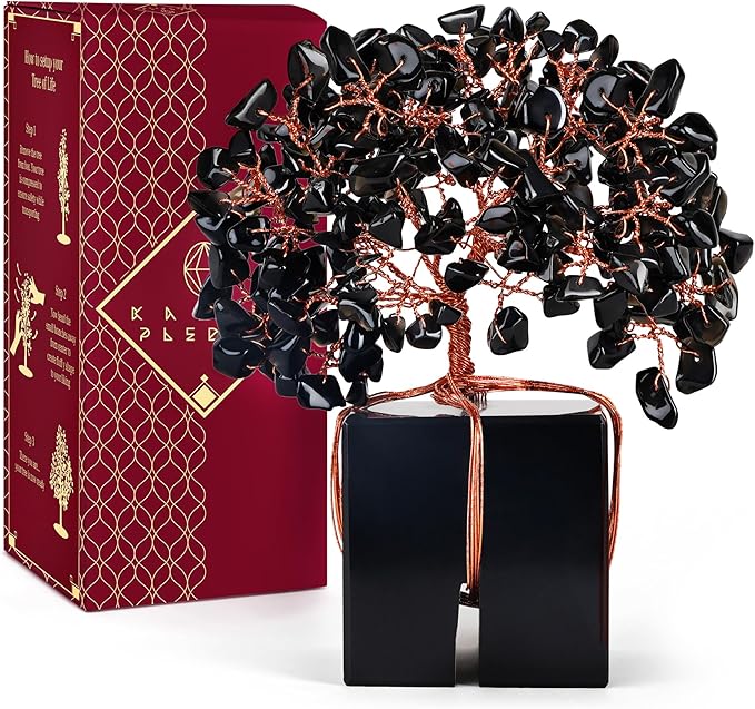 Crystal Tree of Life Feng Shui Decor for Home and Office, Blask Obsidian Chakra Healing Crystal Handmade Tree for Positive Energy, Money, Good Luck, Christmas Decor, Birthday Gifts for Women
